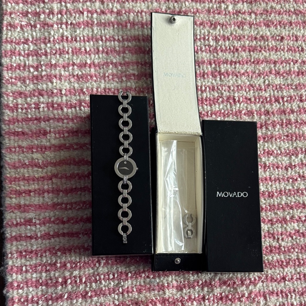 Movado Bela Moda Black and Silver Stainless Steel Chain Link Watch